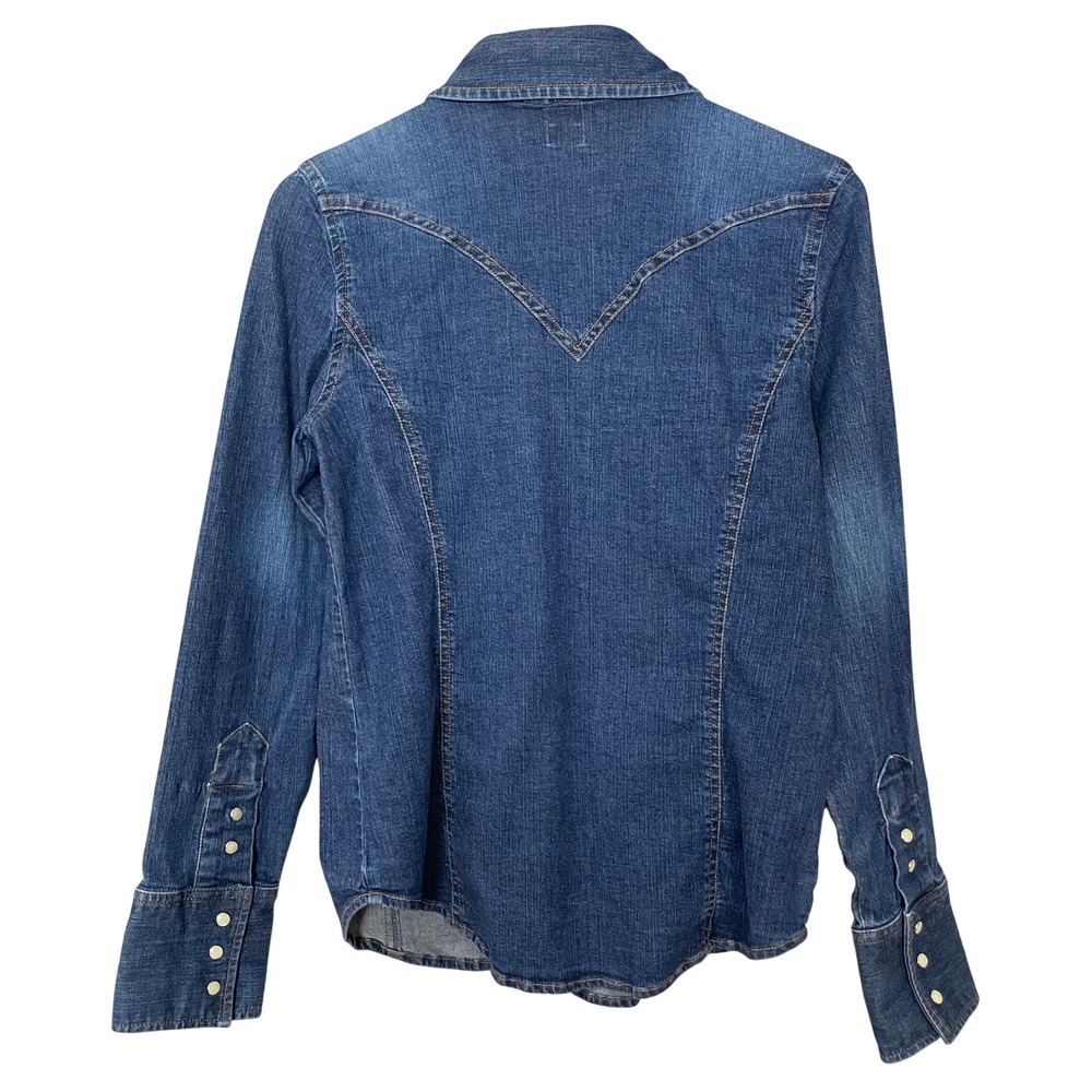 Vintage Gap Western Shirt Denim Look Stretch Women Size Medium Blue Pearl Snaps - Picture 2 of 16